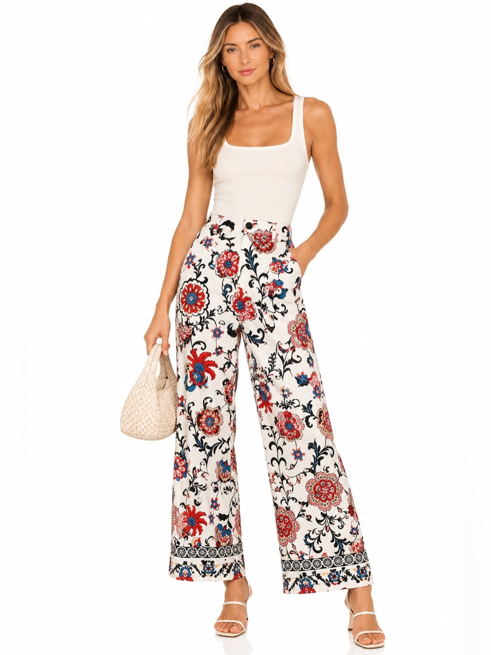 Nicole Miller New York Floral Wide Leg Pants White Red Blue Boho Size 10